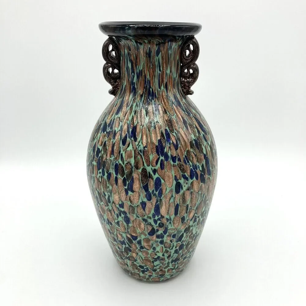 Vintage Murano Art Glass Vase Aventurine Teal Gold Fleck Mid Century Art Nouveau